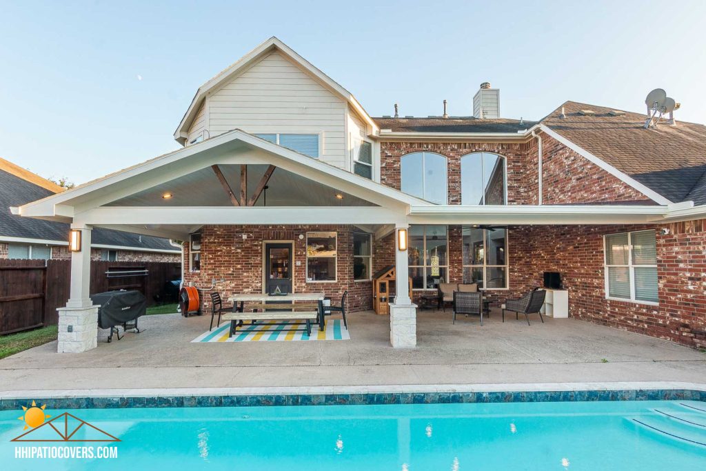 Gable style patio cover with hip-extension