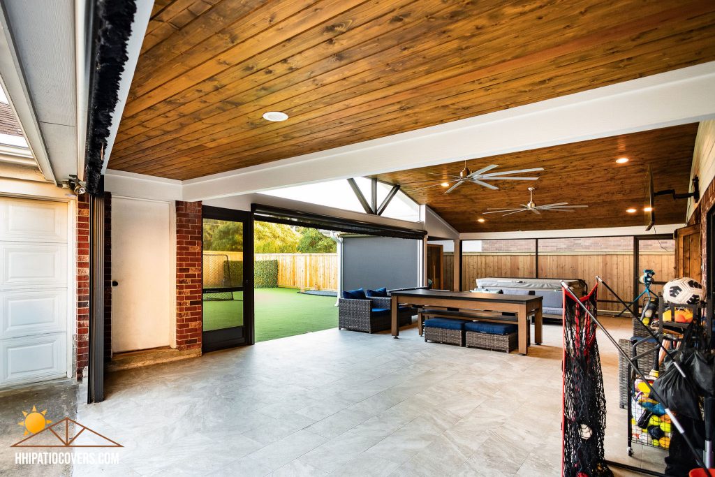 Enclosed Gable-style patio cover in Cypress, Texas. Inside View.