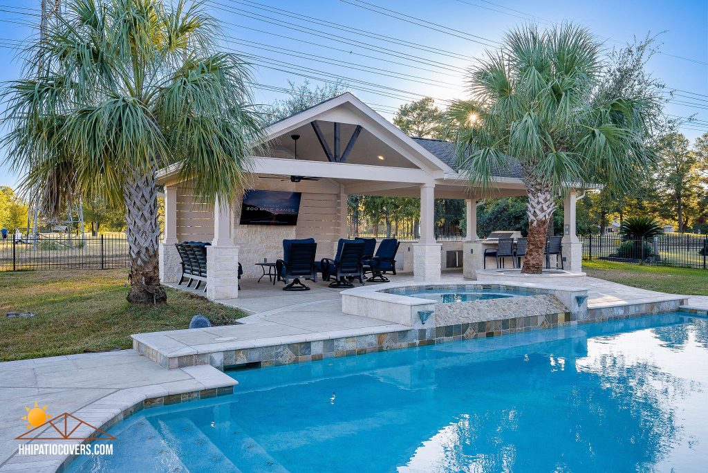 Detached Patio Cover in Spring, TX. Completed. View from across the pool.