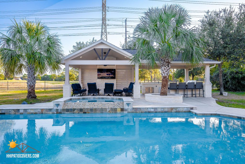 Detached Patio Cover in Spring, TX. Completed. Front view from across the pool.